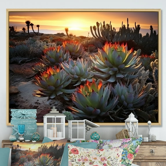 Designart "Sunset Glow Over Succulent Field III" Succulent Floater Framed Wall Decor