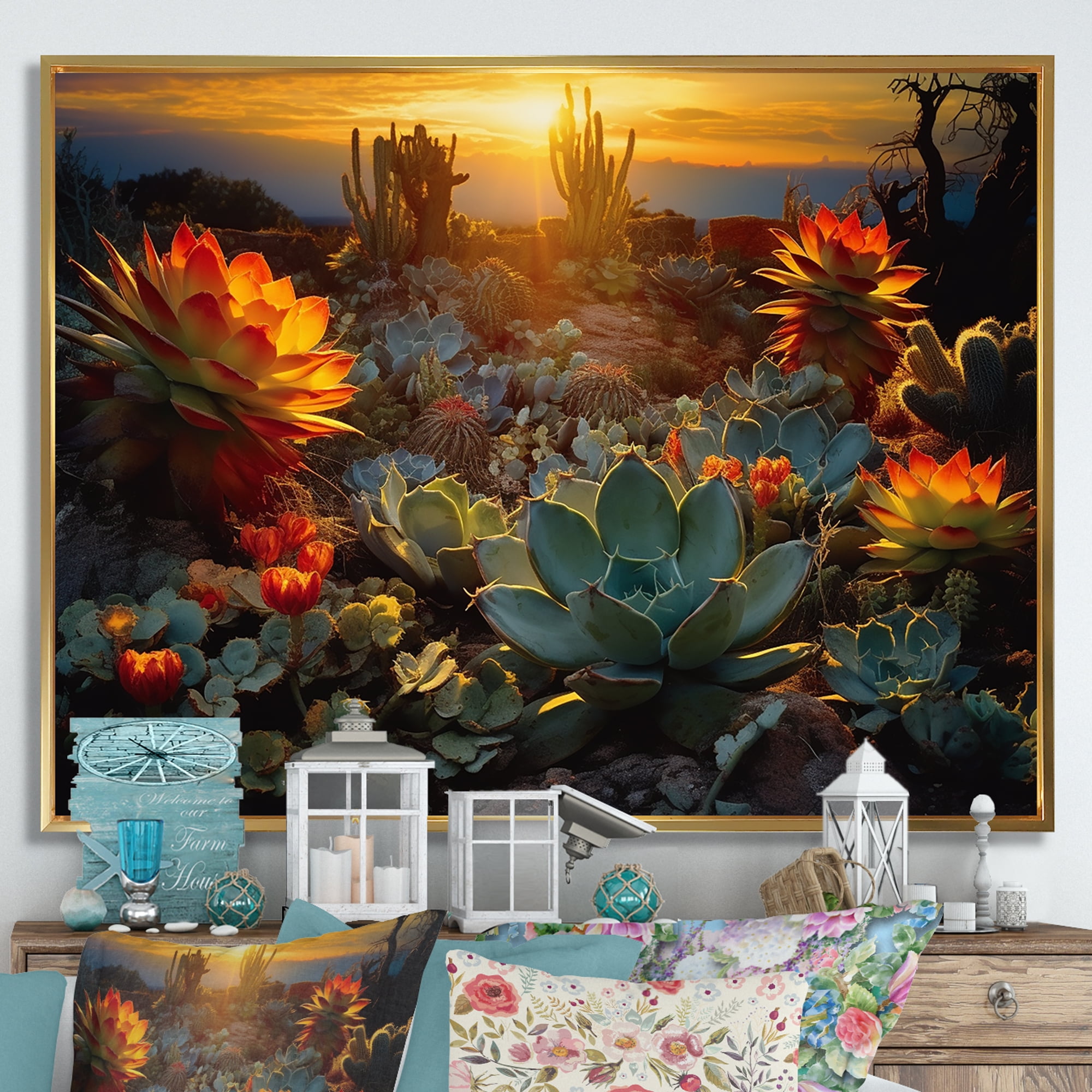 Sunset Glow Over Succulent Field Canvas Print with Gold Frame