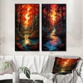 thumbnail image 1 of Designart "Sunset Glow Through Forest Trees and River I" Lakes & Rivers Framed Wall Art Set Of 2 - Lake House Red Framed Canvas Set For Living Room Decor, 1 of 6