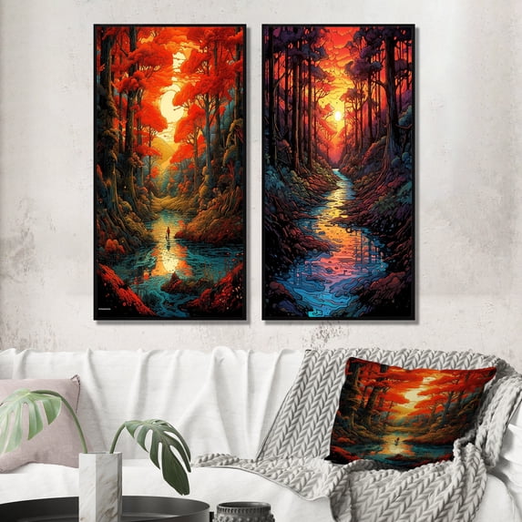 Designart "Sunset Glow Through Forest Trees and River I" Lakes & Rivers Framed Wall Art Set Of 2 - Lake House Red Framed Canvas Set For Living Room Decor