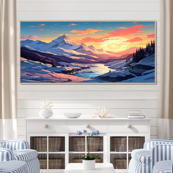 Designart "Sunset Glow over Alpes Huez, France" Oversized Landscapes Framed Wall Art - Country Pink Landscape French Hallway Framed Wall Art Decor