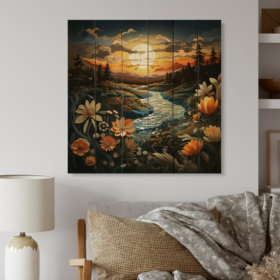 Designart "Sunset Golden Meadow composition II" Landscapes Print on Natural Pine Wood