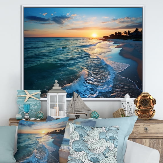 Designart "Sunset Horizon Tranquil Shores Beach II" Coastal Framed Wall Art - Coastal Yellow Coastal Beach Bedroom Framed Canvas Wall Art