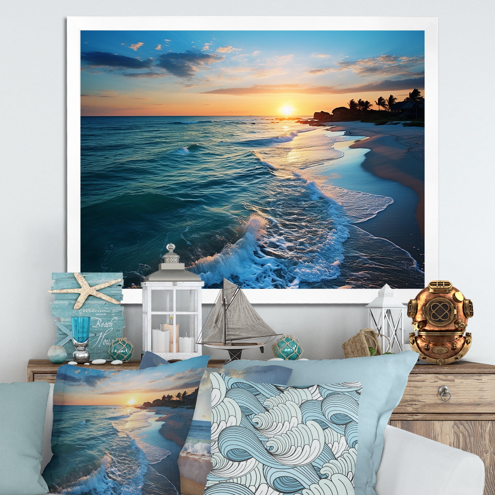 Designart "Sunset Horizon Tranquil Shores Beach II" Coastal Framed Wall ...