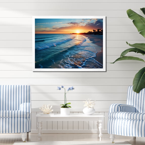 Designart "Sunset Horizon Tranquil Shores Beach III" Coastal Framed Wall Art Decor - Coastal Yellow Coastal Beach Entryway Framed Wall Art
