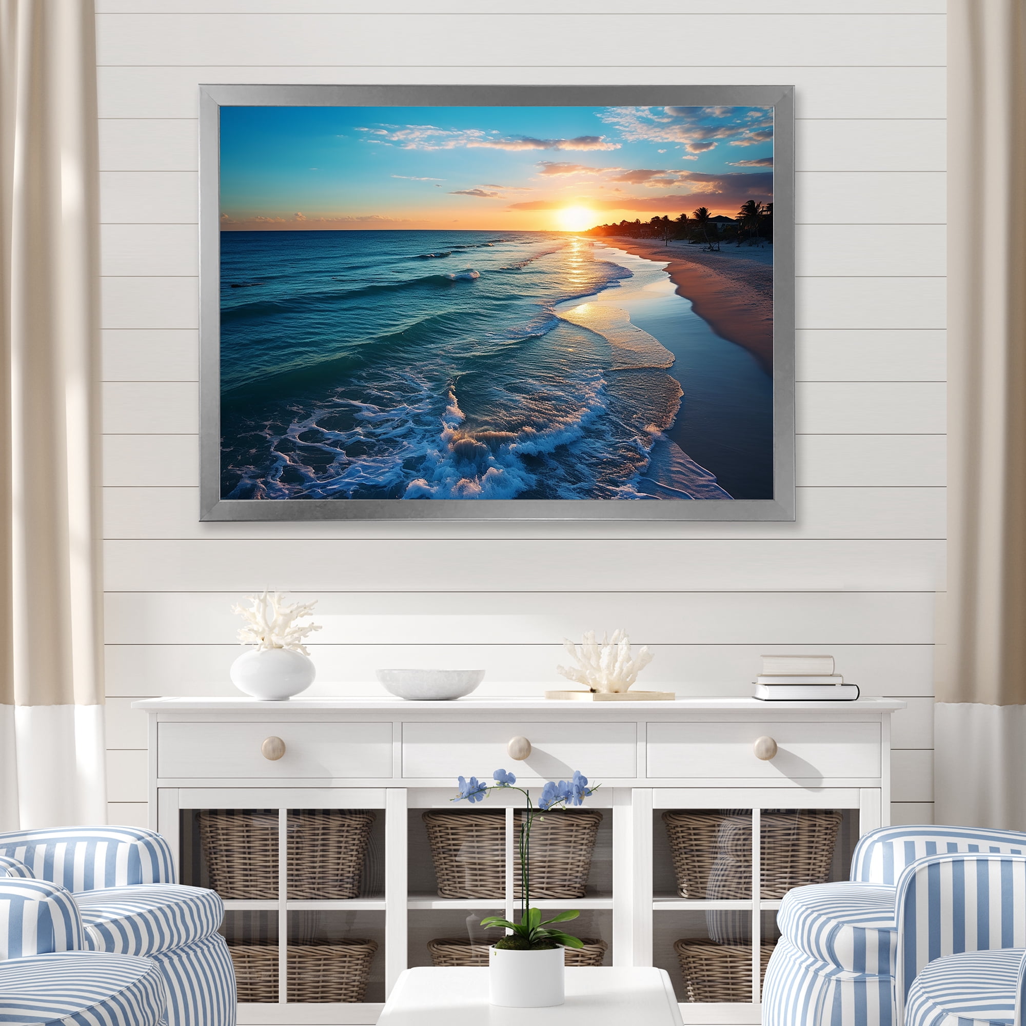 Designart "Sunset Horizon Tranquil Shores Beach IV" Coastal Framed Wall ...