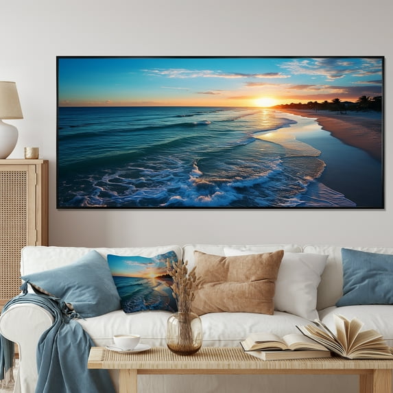 Designart "Sunset Horizon Tranquil Shores Beach IV" Extra Large Coastal Framed Wall Art - Coastal Yellow Coastal Beach Entryway Framed Wall Art