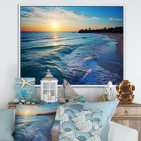 Designart "Sunset Horizon Tranquil Shores Beach V" Coastal Framed Wall Art - Coastal Yellow Coastal Beach Hallway Framed Wall Art Decor