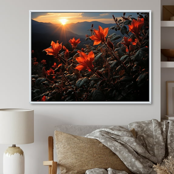 Designart "Sunset Horizon With Red Poinsettia Blooms" Poinsettias Floater Framed Wall Art Prints