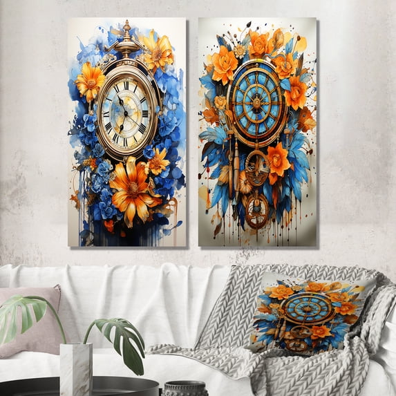 Designart "Sunset Hues Tangerine Blooms and Azure Plumage" Dream catcher Framed Wall Art Set Of 2 - Traditional Blue Framed Wall Art Set Of 2