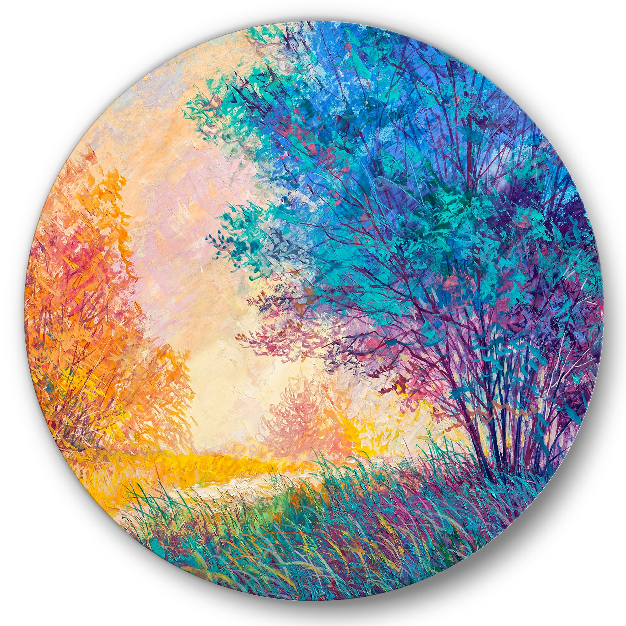 Designart 'Sunset In Autumnal Forest Landscape' Traditional Circle Metal Wall Art 11x11 - Disc of 11