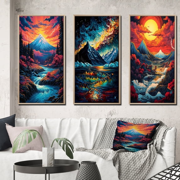 Designart "Sunset over Japanese Mountains Snowy River Scene I" Landscape Mountains Framed Wall Art Set Of 3 - Yellow Mountains Frame Gallery Wall Set For Home Decor