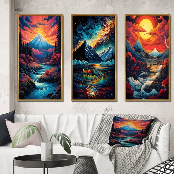 Designart "Sunset over Japanese Mountains Snowy River Scene I" Landscape Mountains Framed Wall Art Set Of 3 - Yellow Mountains Frame Gallery Wall Set For Home Decor