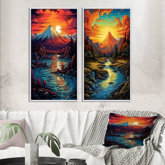 Designart "Sunset over Japanese Mountains Snowy River Scene III" Landscape Mountains Framed Wall Art Set Of 2 - Traditional Red Gallery Wall Frame Set For Home Decor