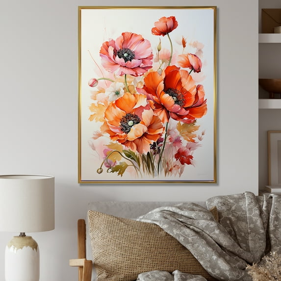 Designart "Sunset Moment In Poppies Bouquet I" Poppies Floater Framed Wall Art Living Room