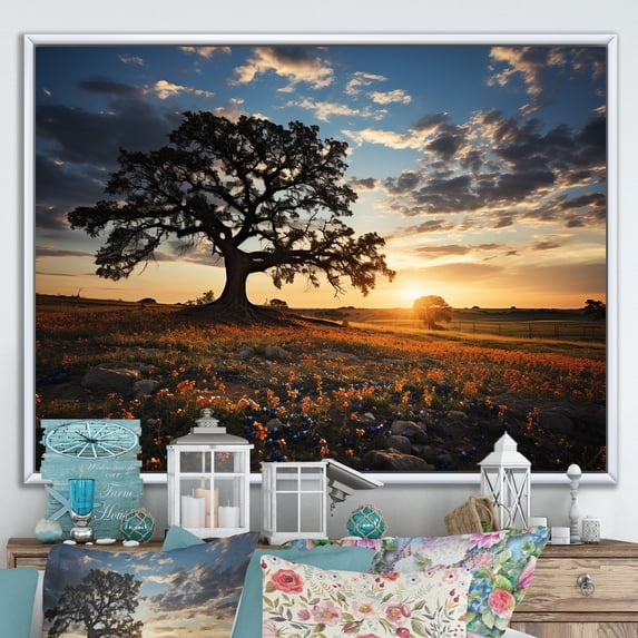 Designart "Sunset Orange Bonnets Field" Blue Bonnets Floater Framed Wall Art Prints