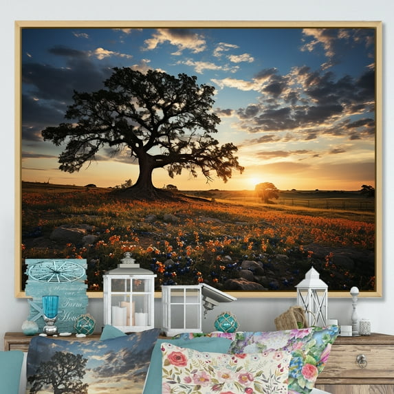 Designart "Sunset Orange Bonnets Field" Blue Bonnets Floater Framed Wall Art Prints