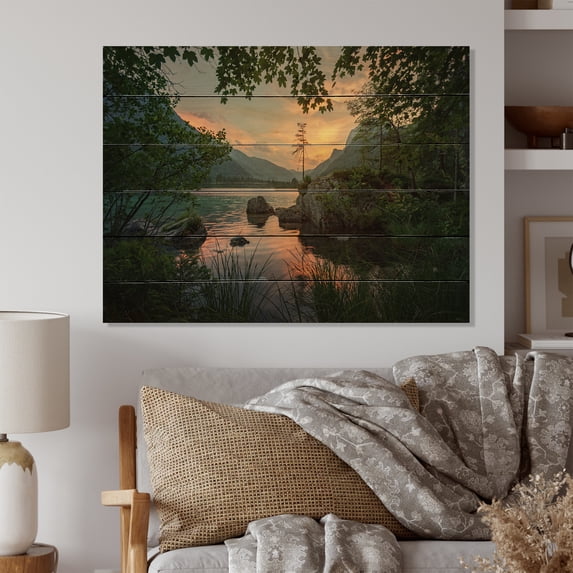 Designart "Sunset Over Blue Mountain Lake, Arkansas I" Landscapes Print on Natural Pine Wood