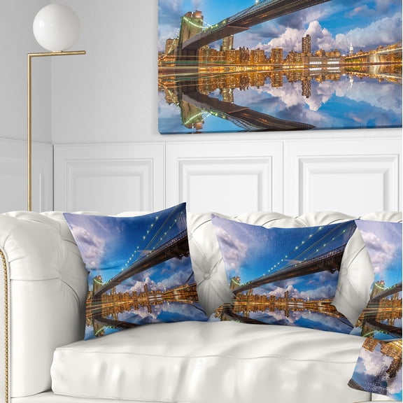 Designart Sunset Over Brooklyn Bridge - Cityscape Photo Throw Pillow - 18x18