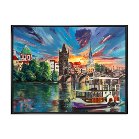 Designart 'Sunset Over Cityview Of Prague' Children's Art Framed Canvas Wall Art Print