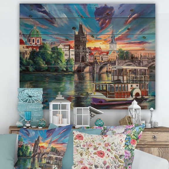 Designart 'Sunset Over Cityview Of Prague' Children's Art Print on Natural Pine Wood