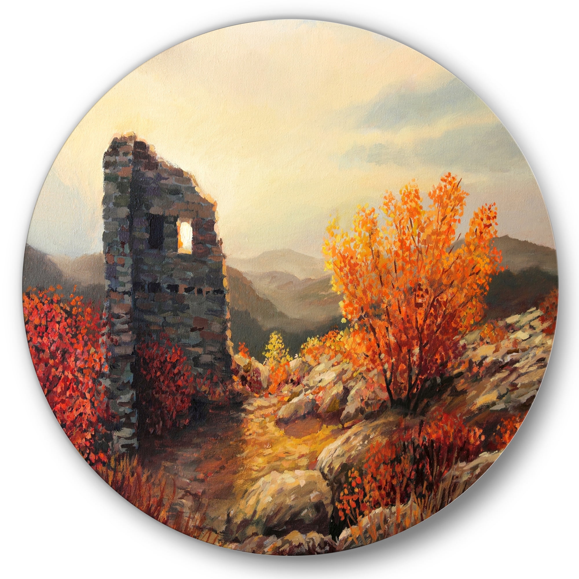 Designart 'Sunset Over Old Fortress Ruins' Farmhouse Circle Metal Wall Art 29x29 - Disc of 29