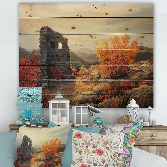 Designart 'Sunset Over Old Fortress Ruins' Farmhouse Print on Natural Pine Wood