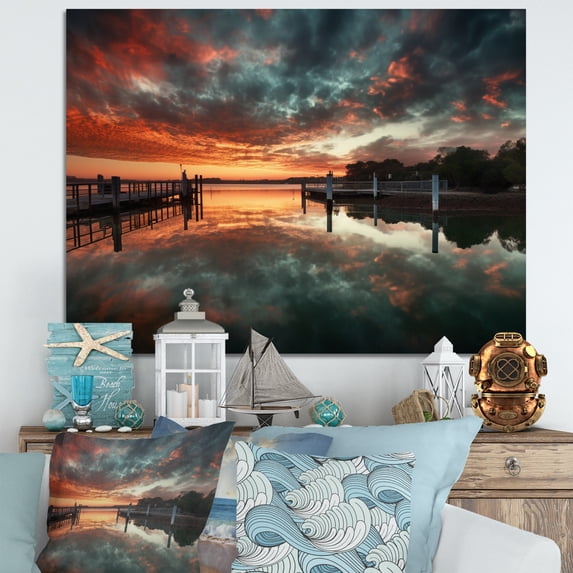 Designart "Sunset Over Port III" Modern Landscape Beach Canvas Wall Art
