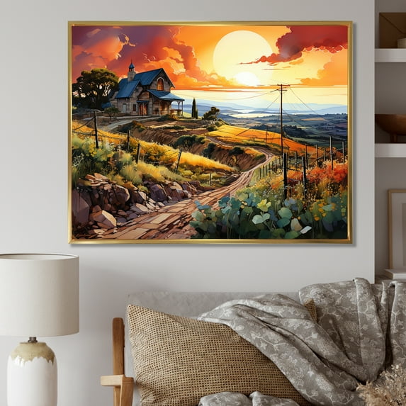 Designart "Sunset Over The Vineyard" Vineyard Floater Framed Wall Decor