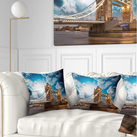 Designart Sunset Over Tower Bridge - Cityscape Photo Throw Pillow - 16x16