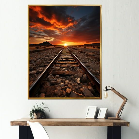 Designart "Sunset Over Train Tracks I" Train Floater Framed Canvas Prints
