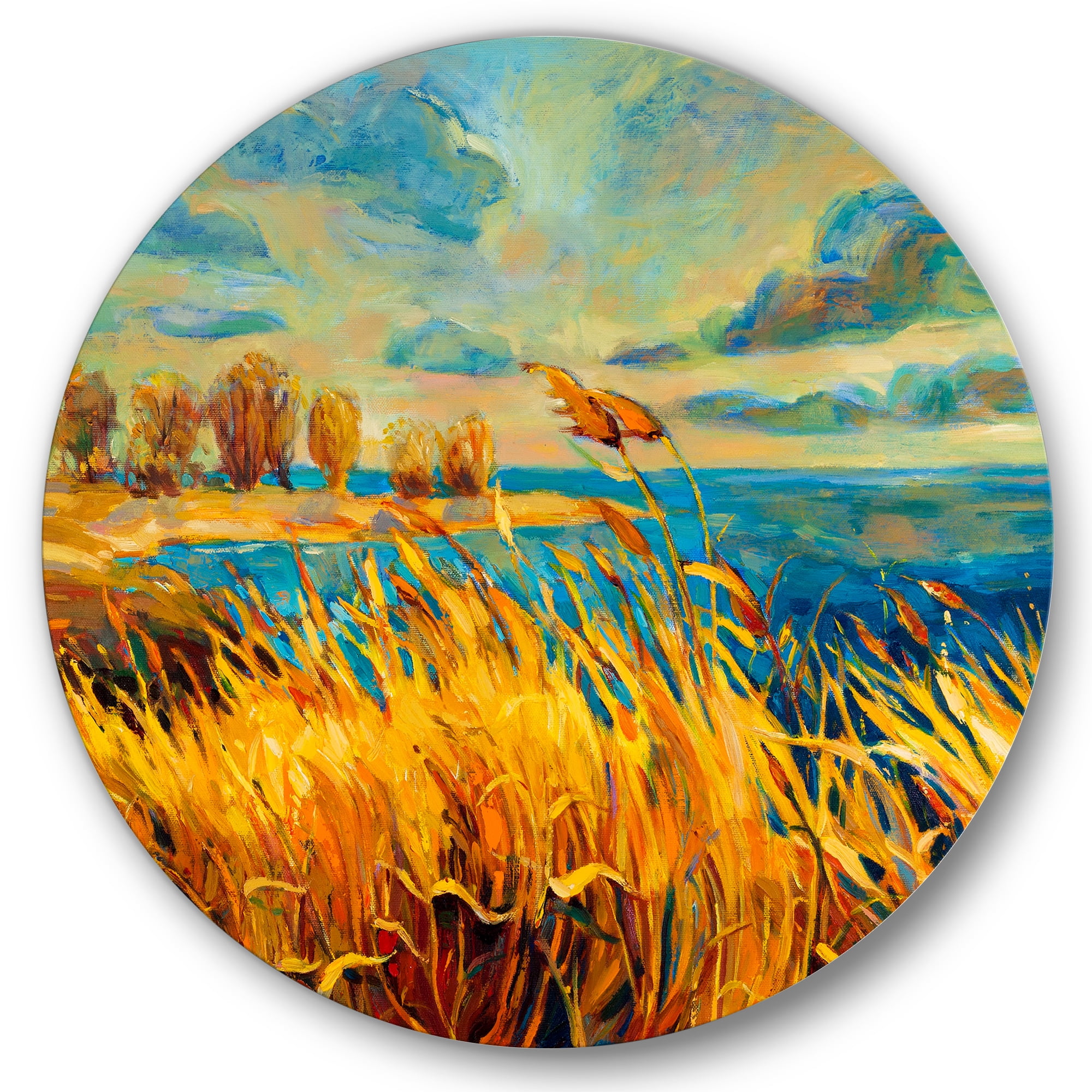 Designart 'Sunset Over Vibrant Lake' Nautical & Coastal Circle Metal Wall Art 29x29 - Disc of 29