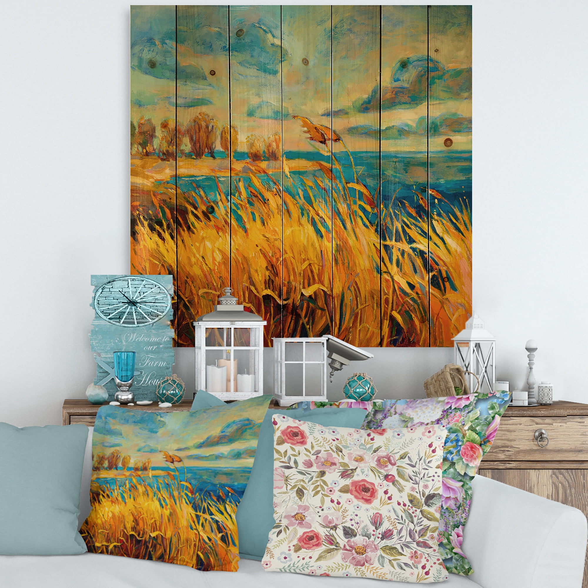 Designart 'Sunset Over Vibrant Lake' Nautical & Coastal Print on Natural Pine Wood