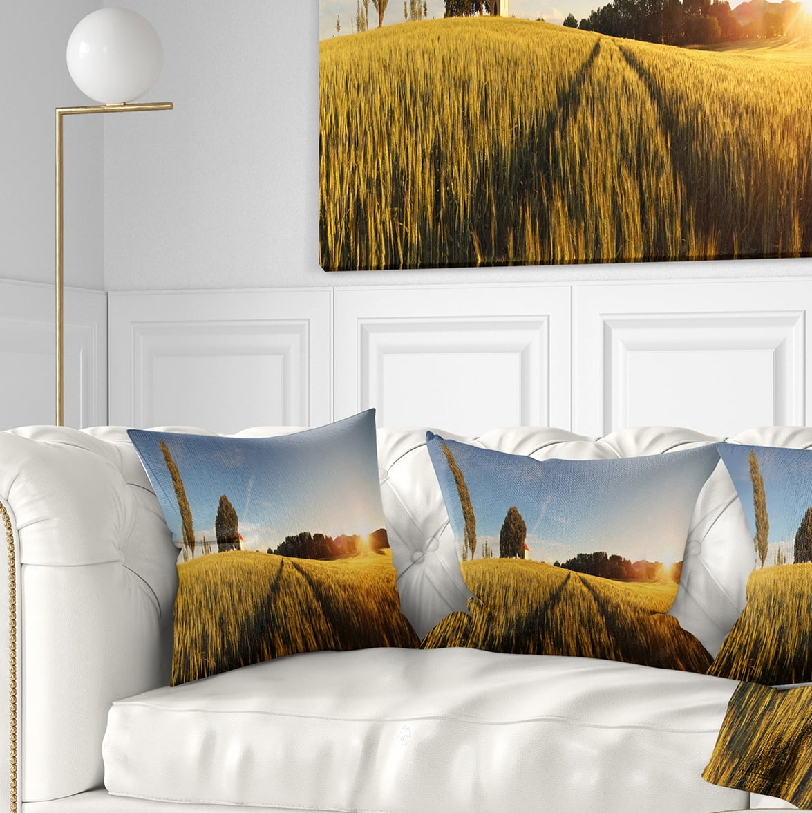 Designart Sunset Over Wheat Field in Slovakia - Photography Throw Pillow - 18x18