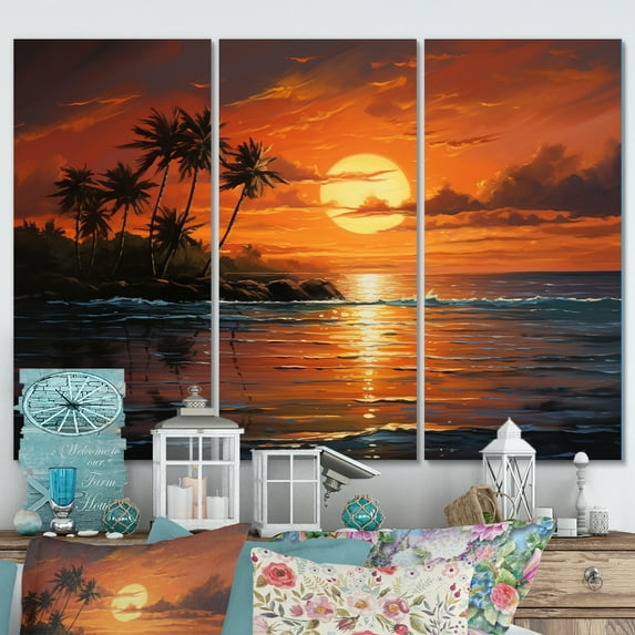 Designart "Sunset Over the Caribbean Island I" Nautical & Beach Metal Art Print Set