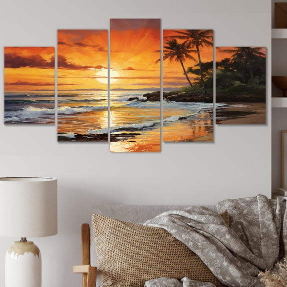 Designart "Sunset Over the Caribbean Island III" Nautical & Beach Metal Wall Decor Set