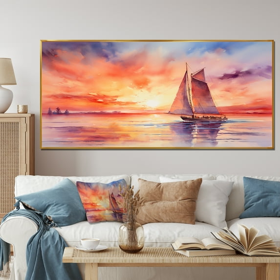 Designart "Sunset Palette Pastel Sailboat Silhouette II" Oversized Transportation Framed Wall Art - Modern Orange Boat Sailing Entryway Framed Wall Art