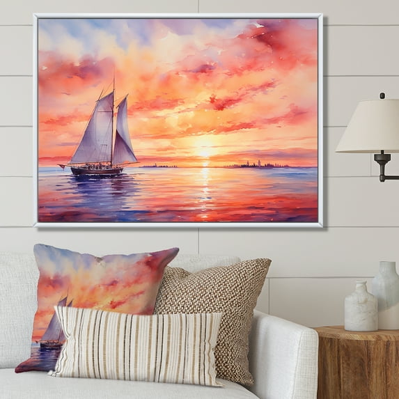 Designart "Sunset Palette Pastel Sailboat Silhouette IV" Transportation Framed Wall Art - Modern Orange Boat Sailing Living Room Framed Canvas Art