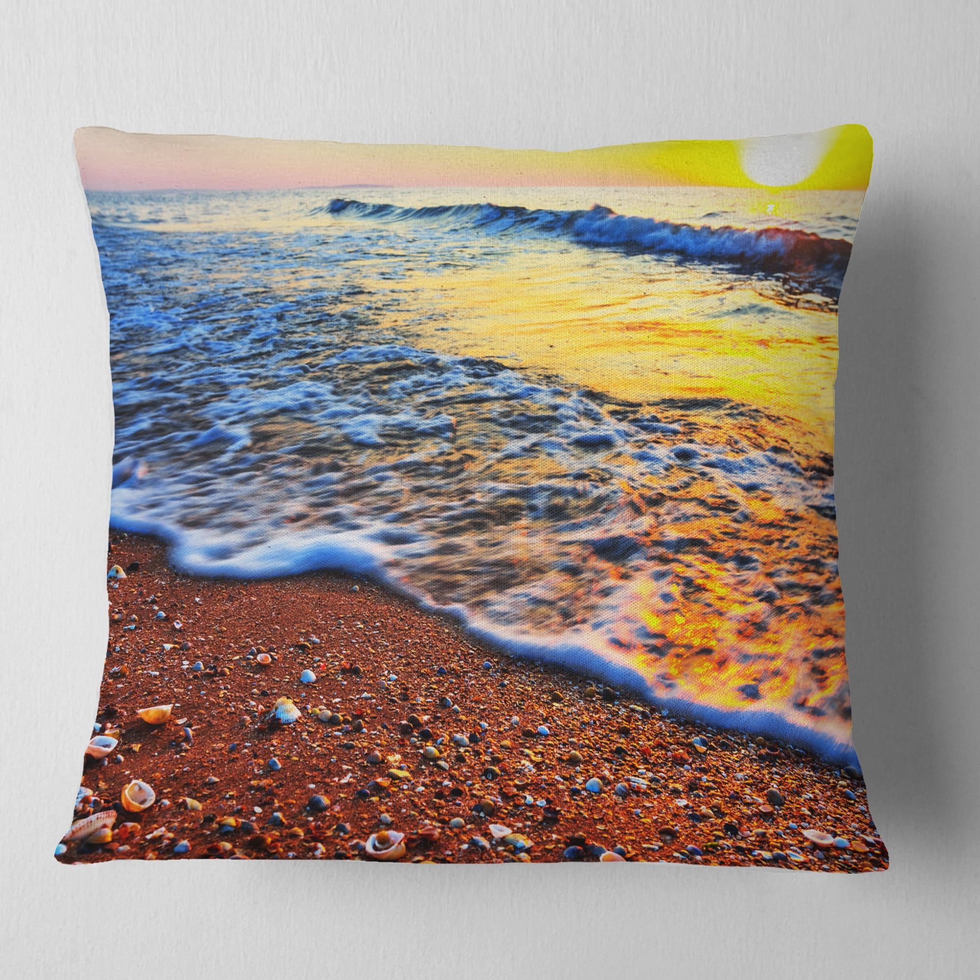 Designart Sunset Reflecting in Blue Waves - Seashore Throw Pillow - 18x18