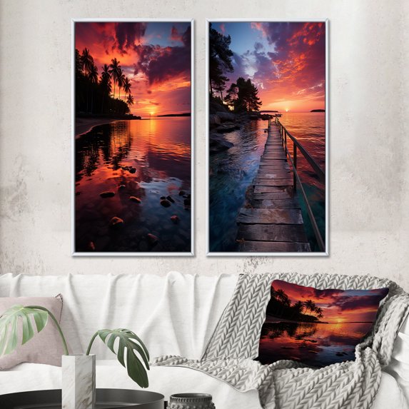 Designart "Sunset Reflections Dominican Tropical painting II" Sunset Framed Wall Art Set Of 2 - Peach Beach Framed Canvas Set For Living Room Decor