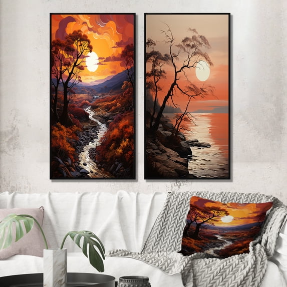 Designart "Sunset Reverie Pastoral Evening II" Sunrisesunset Framed Wall Art Set Of 2 - Yellow Landscapes Framed Canvas Set For Living Room Decor