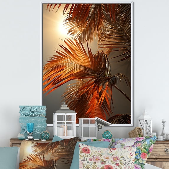 Designart "Sunset'S Tropical Palm Tree Leaves" Palms & Palm Trees Floater Framed Wall Decor