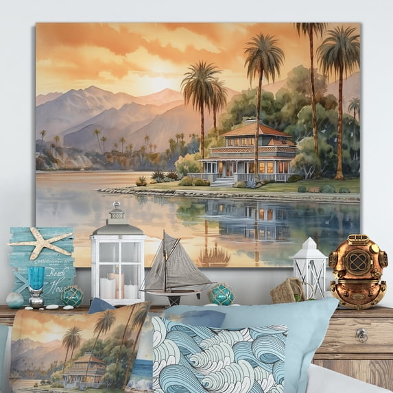 Designart "Sunset Scene House by the Water" Modern Landscape Beach Metal Art Print