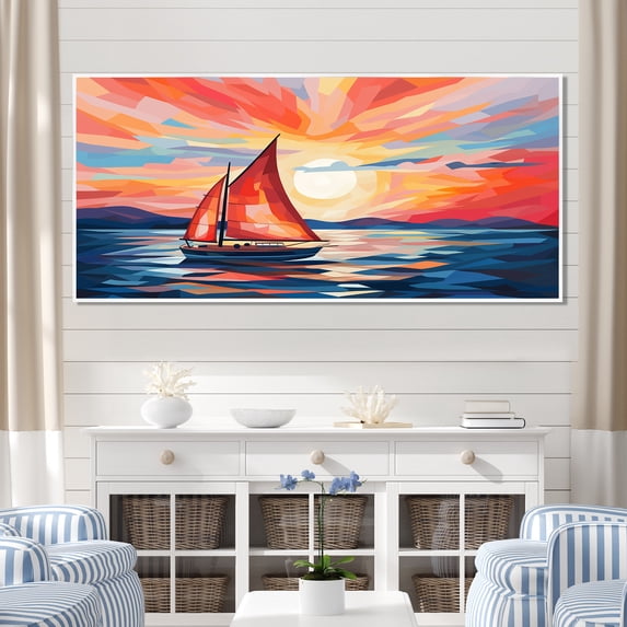 Designart "Sunset Serenity Sailing Boat II" Extra Large Transportation Framed Wall Art - Modern Red Boat Sailing Living Room Framed Canvas Art