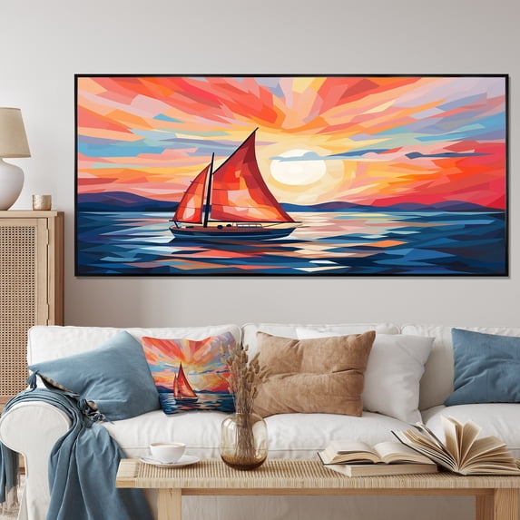 Designart "Sunset Serenity Sailing Boat II" Extra Large Transportation Framed Wall Art - Modern Red Boat Sailing Living Room Framed Canvas Art