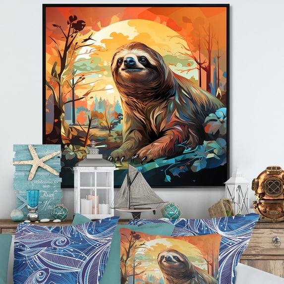 Designart "Sunset Serenity of the Sloth I" Animals Framed Wall Art - Brown Sloth Entryway Framed Wall Art