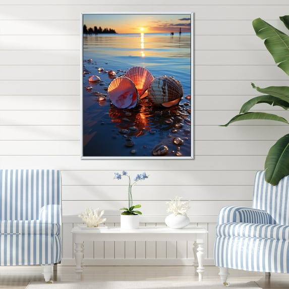 Designart "Sunset Shell Elegance III" Seashell Floater Framed Canvas Prints