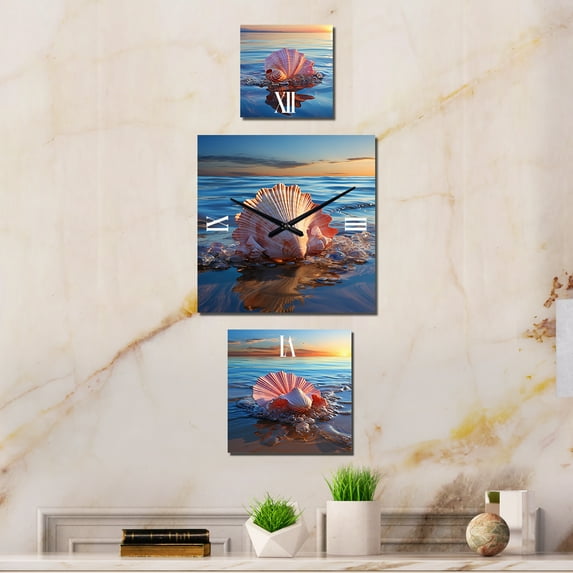 Designart "Sunset Shell Elegance" Seashell Oversized Wall Clock - Set Of 3 - Extra large Modern Clock For Office Décor - Large Vertical Clock