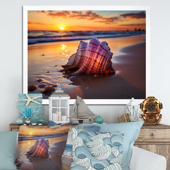 Designart "Sunset Shoreline Treasures Revealed I" Coastal Framed Wall Art Decor - Coastal Yellow Coastal Beach Entryway Framed Wall Art Print