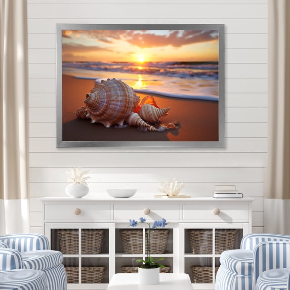 Designart "Sunset Shoreline Treasures Revealed III" Coastal Framed Wall Art Decor - Coastal Yellow Coastal Beach Living Room Framed Canvas Art